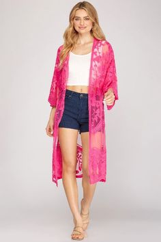 She + Sky Embroidered mesh lace oversized kimono sleeve midi cardigan, half sleeves, woven. Romantic and pretty for any occasion and any season. Timeless. Colors: Black, Fuchsia, Lilac Grey, Taupe (for our other color Cream click here) Roomy oversize wide loose fit. measured flat one side: S/M Bust 23" across, Length 39-40" M/L Bust 25" across, Length 40-41" 100% Polyester, hand wash cold, imported our model is 5' 8" SL4261R7 Trendy Summer Party Cardigan, Spring Embroidered Kimono For Beach Cover-up, Spring Festival Lace Cover-up, Spring Embroidered Cover-up, Oversized Open Front Cover-up For Spring, Feminine Beach Kimono For Summer, Summer Floral Embroidery Kimono, Spring Lace Cover-up With Lace Trim, Summer Embroidered Kimono