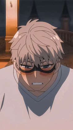 an anime character with white hair and black glasses looking at something in front of him