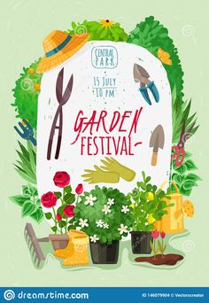 garden festival poster with gardening tools and flowers