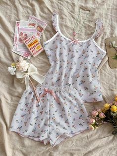 Women's Round Neck Bowknot Floral Frill Camisole Top And Casual Fashion Shorts Pajama Set Lilac Purple Romantic    Plants,All Over Print Short Sets Non-Stretch All Women Sleep & Lounge, size features are:Bust: ,Length: ,Sleeve Length: Sleep Set Aesthetic, Cute Pj Outfits, Cute Pj Sets, Cute Pajama Outfits, Shorts Pajama Set, Sleep Clothes, Cute Sleepwear