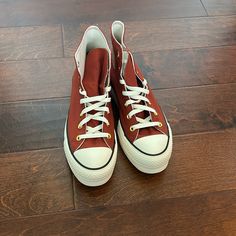 Never Worn High Top Canvas Sneakers Fall Converse Sneakers, Casual Converse Sneakers For Fall, Casual Burgundy High-top Sneakers, Fall Converse Lace-up Sneakers, Sporty Red Sneakers For Fall, Red Sneakers With Rubber Sole For Fall, Converse Red, Platform Converse, Women's Converse