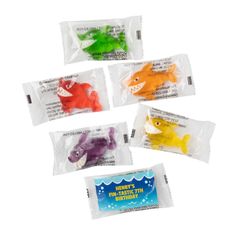 five different colored gummy bears in plastic bags