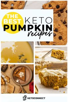 the best keto pumpkin recipes for fall and winter, including carrots, oatmeal cookies, muffins, chocolate chip cake