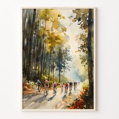 a painting of people riding bicycles on a road in the woods with trees and foliage