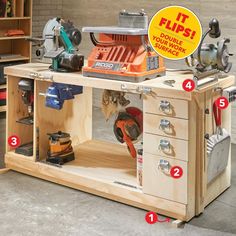 a workbench with lots of tools on it and instructions for how to use them