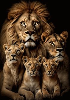 a group of lions sitting next to each other in front of a black background, with one lion looking at the camera