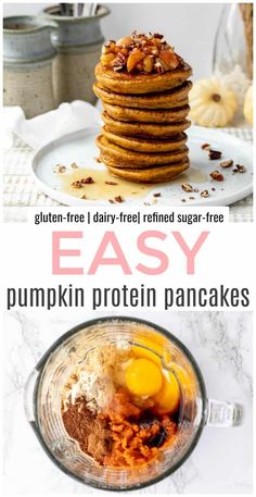 the ingredients for pumpkin protein pancakes in a blender and on top of each other