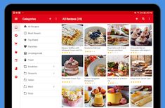 a tablet with food on the screen and an image of cakes, desserts, and other items