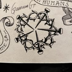 an image of a drawing on paper with words and symbols around it in black ink