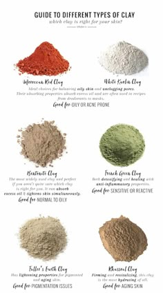 Choosing the right clay for your skin type is an essential step when you're making your own clay masks and cleansers. This guide will help. Types Of Clay, Săpunuri Handmade, Mask Skin, Face Cleaning, Body Scrubs, Diy Body, Clay Masks