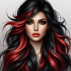 a digital painting of a woman with red and black hair