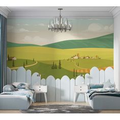 a bedroom scene with focus on the bed and wallpaper that has a green landscape