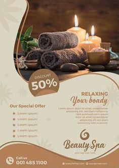 a flyer for a spa with candles and towels