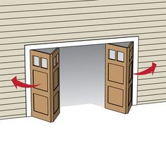 an open garage door with red arrows pointing to it