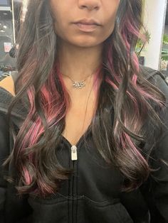 draculaura inspired #pinkhair #highlights #draculaura Pink Undercolor Hair, Pink Hair With Black Highlights, Hot Pink Highlights In Black Hair, Dark Brown Hair With Pink Highlights, Pink Halo Hair