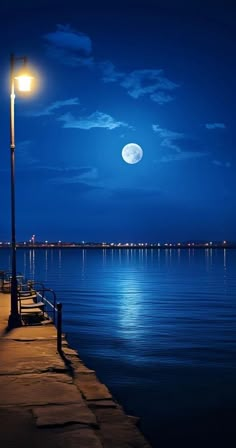 a full moon is seen over the water near a pier and street light at night