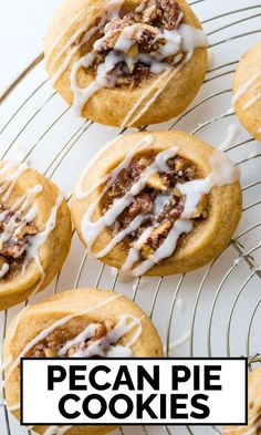 pecan pie cookies on a cooling rack with the title text overlay reads pecan pie cookies