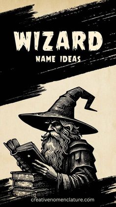 an old wizard holding a book with the words wizard name ideas