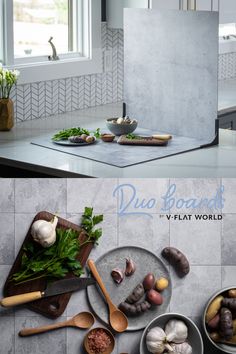 there are many different types of vegetables on the counter top and in bowls next to each other