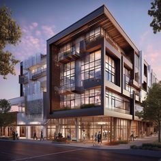 an artist's rendering of the exterior of a modern building at dusk with people walking on the sidewalk