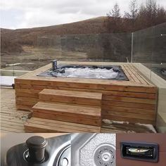 a hot tub sitting on top of a wooden deck