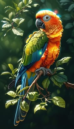 a colorful bird sitting on top of a tree branch next to leaves and branches with green leaves