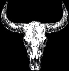 a bull's skull with long horns is drawn in black ink on a white background