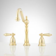 the faucet is gold in color and it has two handles on each side