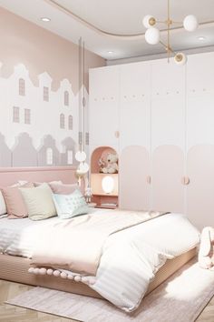 a bedroom with pink walls and white furniture