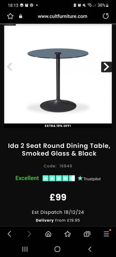 an advertisement for a dining table with glass top and black metal base, which is $ 99