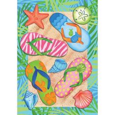 a painting of flip flops and starfish on the beach with palm trees in the background