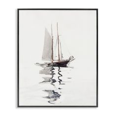 a watercolor painting of a sailboat in the ocean on a foggy day