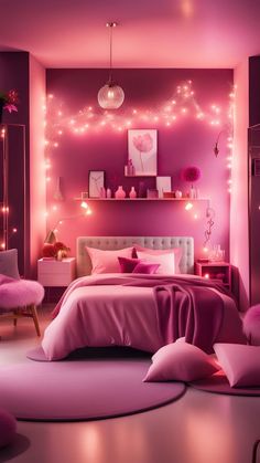 a bedroom with pink walls and lights on the ceiling, bed in front of it