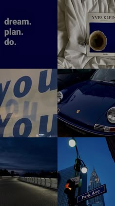 a collage of photos with the words dream, plan, do and a car