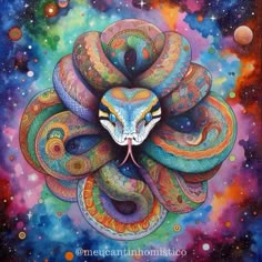 a painting of a snake with colorful colors on it's face and head, surrounded by stars