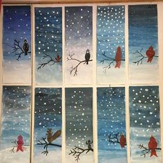 six paintings of birds sitting on branches with snow falling in the sky and stars above them