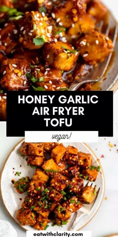 honey garlic air fryer tofu on a plate with text overlay that reads, honey garlic air fryer tofu