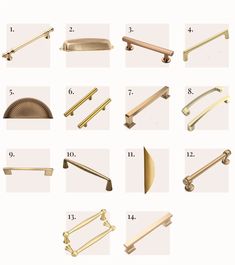 various types of handles and pulls for different styles of doors, windows or cupboards