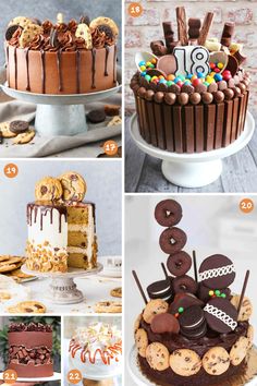 a collage of different cakes and desserts with chocolate frosting, cookies, and pretzels