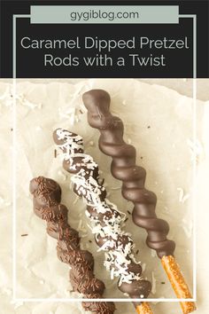 three chocolate dipped pretzel rods with a twist in the middle and on top