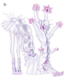 an artistic drawing of two women in white dresses with pink flowers on their arms and legs