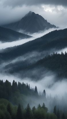 the mountains are covered in fog and low lying clouds