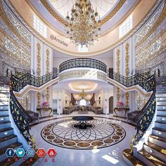 the inside of a building with stairs, chandelier and staircases in it