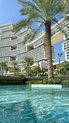 an outdoor swimming pool with palm trees in front of the hotel and apartment buildings behind it