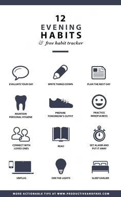 12 Evening Habits | Nightly Routine | Bedtime Ritual | ProductiveandFree.com Evening Habits, Nightly Routine, Bedtime Ritual, Evening Routine, Life Improvement, Night Routine