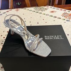 Silver Metallic Strappy Heel Sandal Badgley Mischka Shoes, Strappy Sandals Heels, Heel Sandal, Badgley Mischka, Shoes Women Heels, Metallic Silver, Sandals Heels, Shoes Heels, Size 10