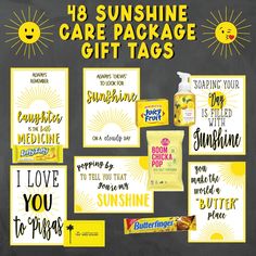 the sunshine care package is on display in front of a chalkboard with yellow and white lettering