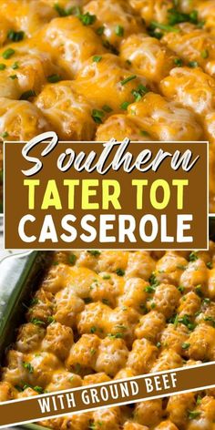 southern tater tot casserole with ground beef and melted cheese on top