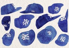 a watercolor drawing of baseball caps with white and blue letters on the front, side, and back