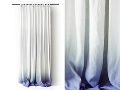 two pictures of curtains with blue and white ombreed drapes hanging on the wall